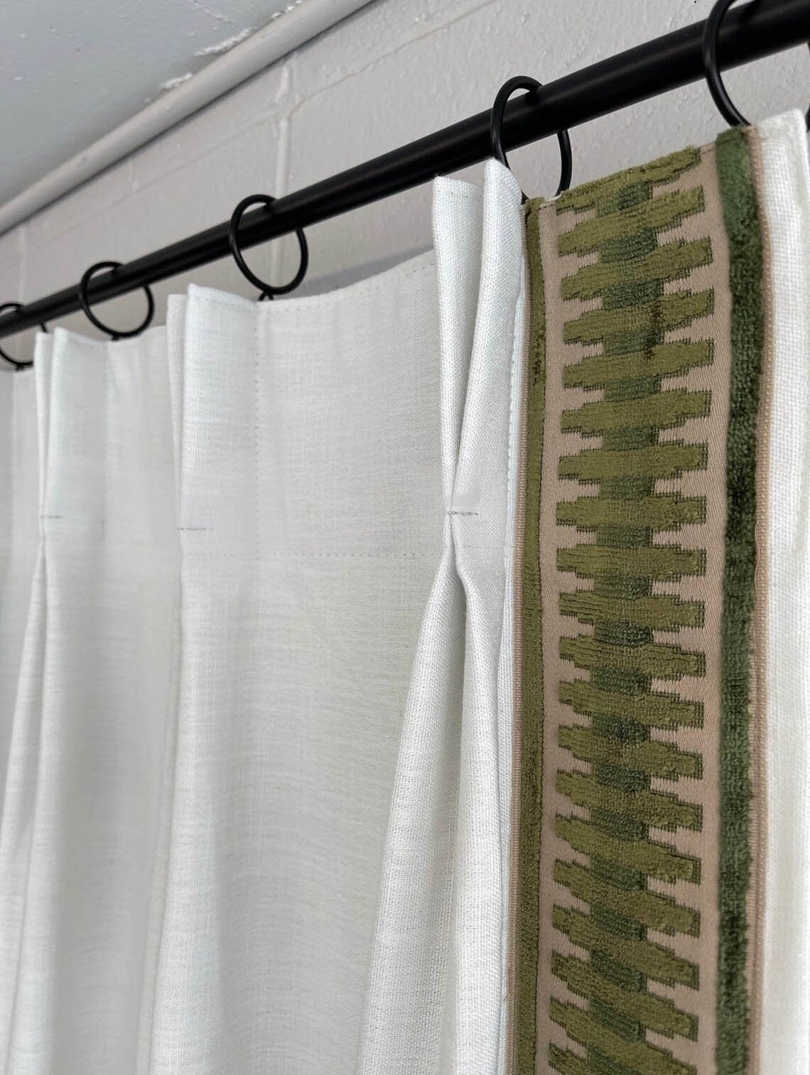 Linen Mix Euro Pinch Pleat wt Tape Fret Border Many colors of fabric and Trim Lined Curtain Panel designer Window treatment french drapery