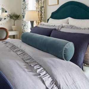 Bolster Pillow Cover Solid blue slate Velvet Silver piping performance washable many sizes round throw Piping high end decorative bed