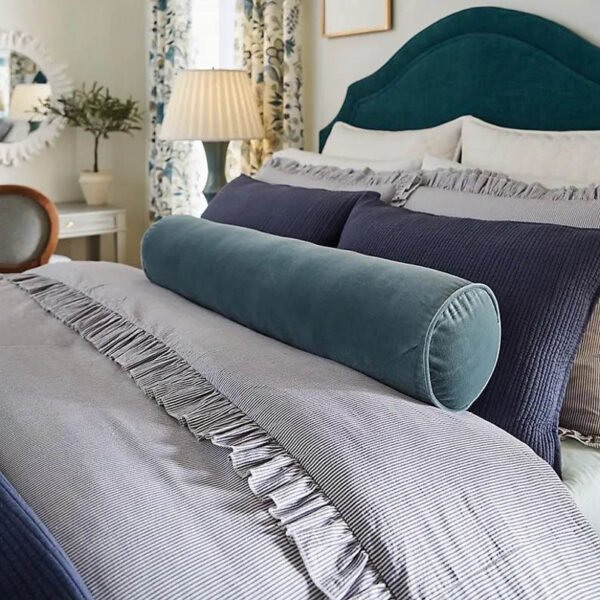 Bolster Pillow Cover Solid blue slate Velvet Silver piping performance washable many sizes round throw Piping high end decorative bed Bolster Pillow Cover Solid blue slate Velvet Silver piping performance washable many sizes round throw Piping high end decorative bed