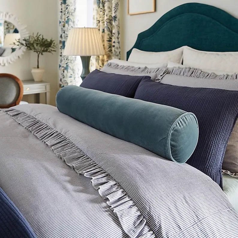 Bolster Pillow Cover Solid blue slate Velvet Silver piping performance washable many sizes round throw Piping high end decorative bed