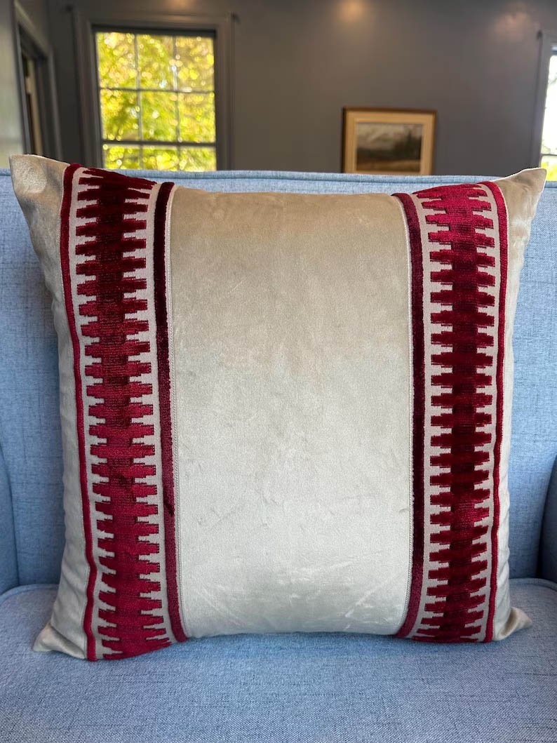 Designer Beige fretwork burgundy red trim tape chinoiserie Pillow Cover throw pillow highend decorative 18” x 18” in stock