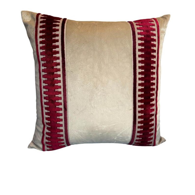 Designer Beige fretwork burgundy red trim tape chinoiserie Pillow Cover throw pillow highend decorative 18” x 18” in stock2