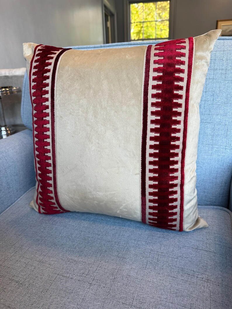 Designer Beige fretwork burgundy red trim tape chinoiserie Pillow Cover throw pillow highend decorative 18” x 18” in stock3
