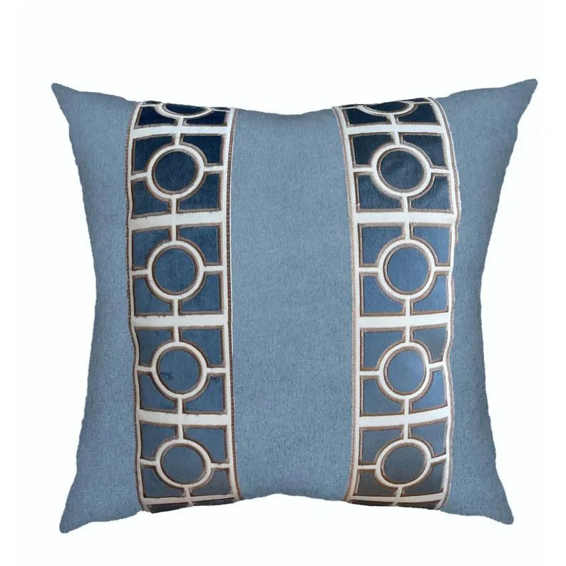 Designer Dusty blue geometric trim tape off white chinoiserie Pillow Cover throw pillow navy Piping high end decorative 20” x 20” in stock