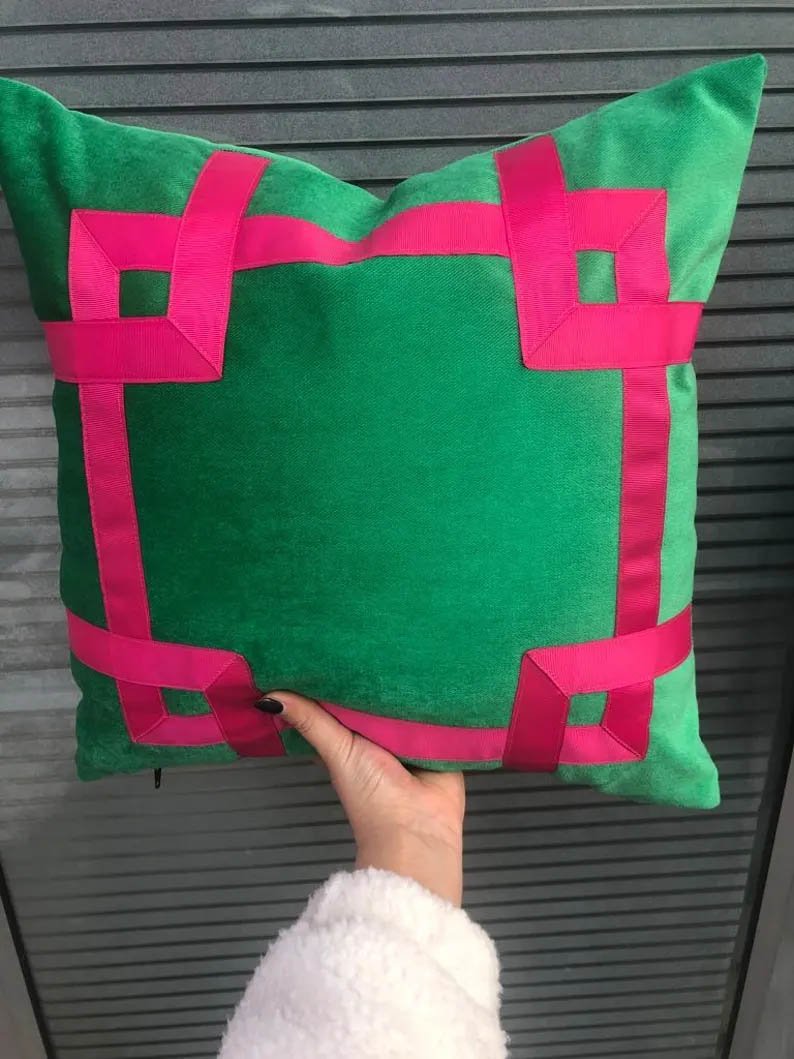 Designer Pillow Cover Kelly green velvet hot pink ribbon Greek trim tape lumber bolster throw pillow custom high end decorative DORM ROOM d
