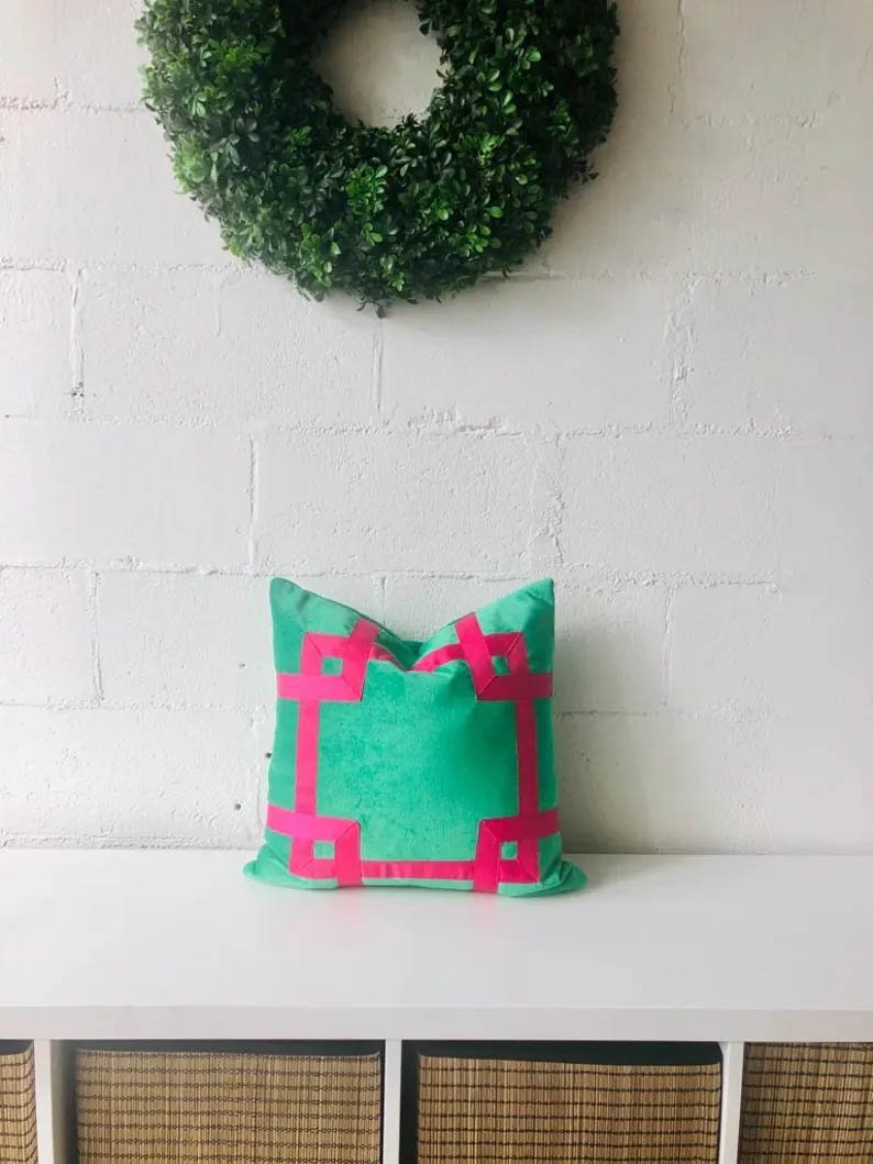 Designer Pillow Cover Kelly green velvet hot pink ribbon Greek trim tape lumber bolster throw pillow custom high end decorative DORM ROOM d1