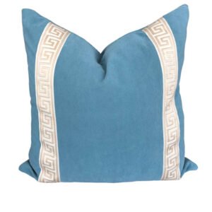 Designer Pillow cover Beige Greek Key Aqua trim tape velvet fretwork lumbar bolster throw custom Piping high end decorative chinoiserie