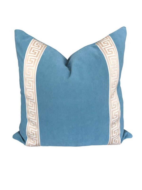 Designer Pillow cover Beige Greek Key Aqua trim tape velvet fretwork lumbar bolster throw custom Piping high end decorative chinoiserie