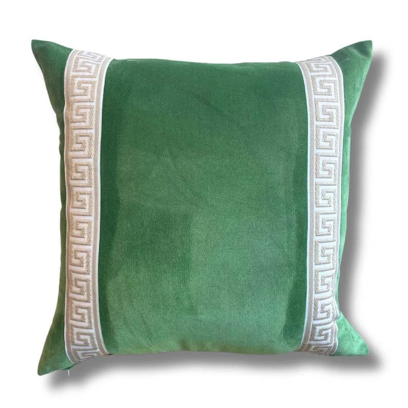 Designer Pillow cover Beige Greek Key moss green trim tape velvet fretwork lumbar bolster throw custom Piping highend decorative chinoiserie