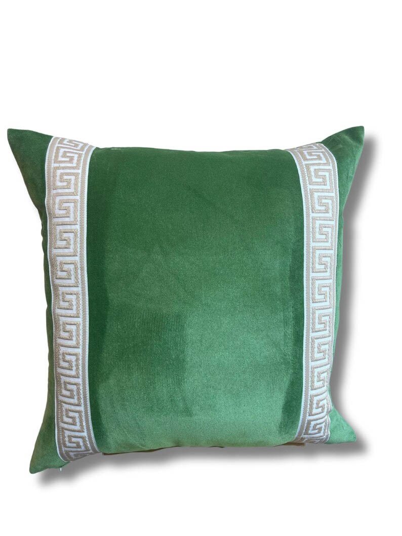 Designer Pillow cover Beige Greek Key moss green trim tape velvet fretwork lumbar bolster throw custom Piping highend decorative chinoiserie1