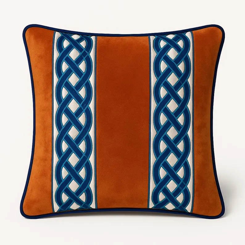 Designer Pillow cover Copper velvet navy blue trim tape fretwork lumbar bolster throw custom Piping highend decorative chinoiserie