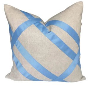 Designer Pillow cover Flax Linen Cover French light grosgrain trim blue lumbar bolster throw custom Piping high end decorative fretwork