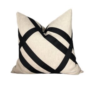 Designer Pillow cover Flax beige Linen Cover black grosgrain trim blue lumbar bolster custom Piping high end decorative fretwork