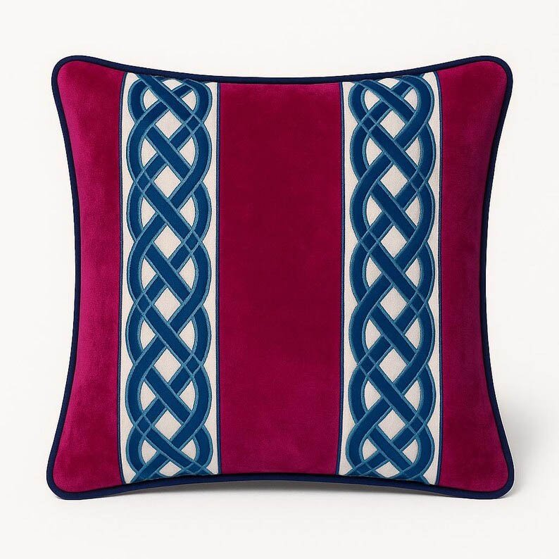 Designer Pillow cover Fuchsia Pink velvet navy blue trim tape fretwork lumbar bolster throw custom Piping highend decorative chinoiserie