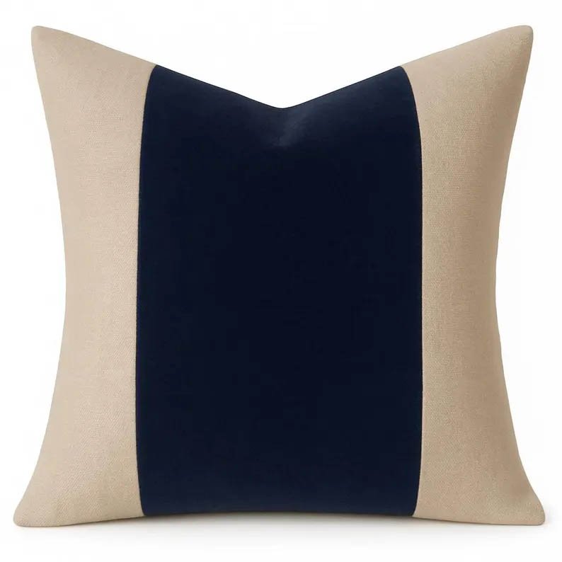 Designer Pillow cover Fushia navy blue linen flax natural colorblock bolster throw custom Piping high end decorative chinoiserie
