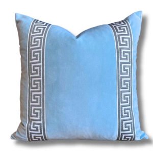 Designer Pillow cover grey Greek Key light blue trim tape velvet fretwork lumbar bolster throw custom Piping high end decorative chinoiserie