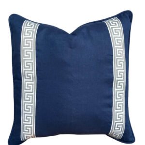 Designer Pillow cover grey Greek Key navy blue trim tape velvet fretwork lumbar bolster throw custom Piping high end decorative chinoiserie