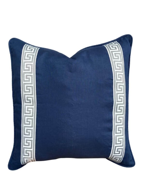 Designer Pillow cover grey Greek Key navy blue trim tape velvet fretwork lumbar bolster throw custom Piping high end decorative chinoiserie