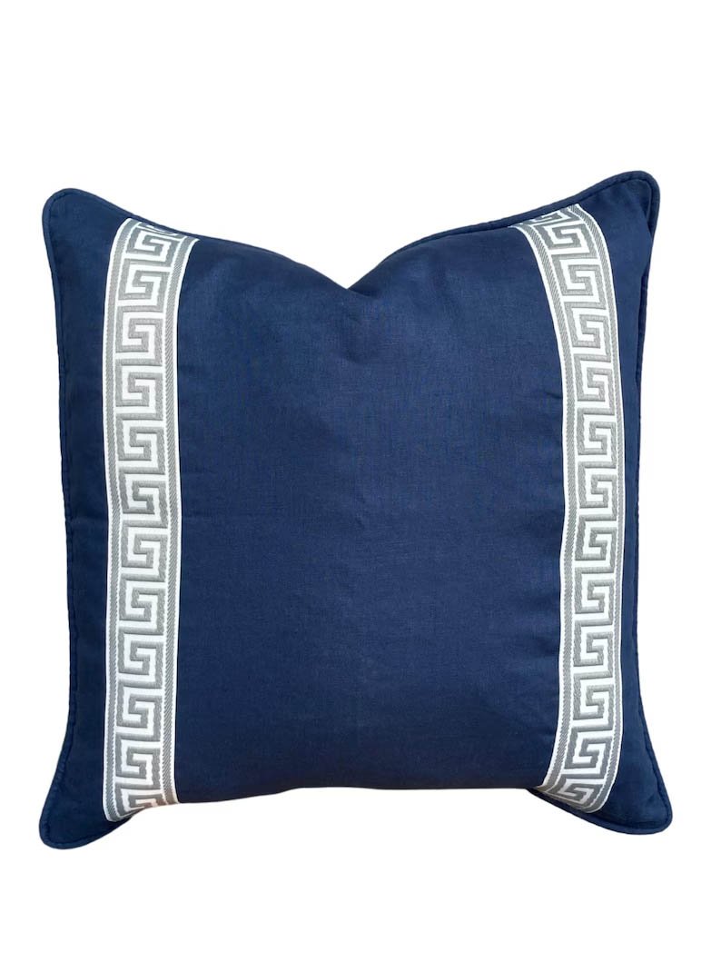 Designer Pillow cover grey Greek Key navy blue trim tape velvet fretwork lumbar bolster throw custom Piping high end decorative chinoiserie