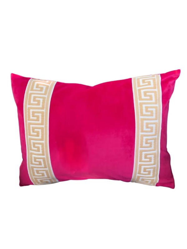 Designer Pillow cover hot pink fuchsia velvet Beige Greek Key trim tape lumbar bolster throw custom Piping high end decorative chinoiserie
