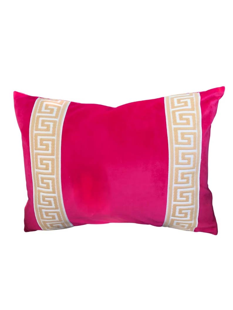 Designer Pillow cover hot pink fuchsia velvet Beige Greek Key trim tape lumbar bolster throw custom Piping high end decorative chinoiserie