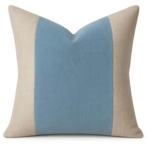 Designer Pillow cover light blue velvet linen flax natural colorblock bolster throw custom Piping high end decorative chinoiserie