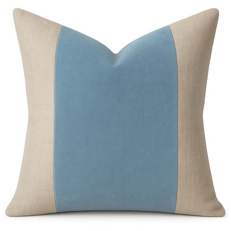 Designer Pillow cover light blue velvet linen flax natural colorblock bolster throw custom Piping high end decorative chinoiserie