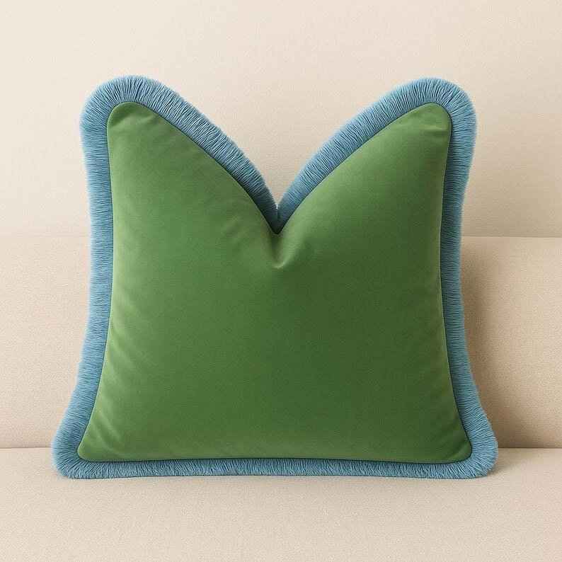 Designer Pillow cover moss green velvet French blue fringe trim bolster throw custom Piping high end decorative chinoiserie lumbar