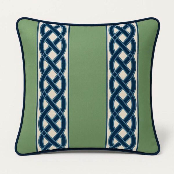 Designer Pillow cover moss green velvet navy blue trim tape fretwork lumbar bolster throw custom Piping highend decorative chinoiserie