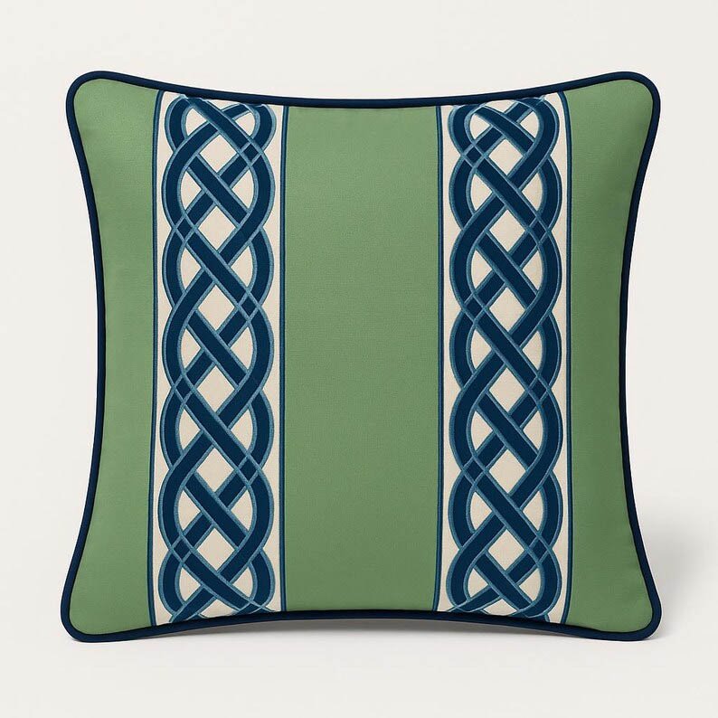 Designer Pillow cover moss green velvet navy blue trim tape fretwork lumbar bolster throw custom Piping highend decorative chinoiserie