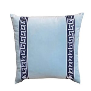 Designer Pillow cover navy Greek Key light blue trim tape velvet fretwork lumbar bolster throw custom Piping high end decorative chinoiserie
