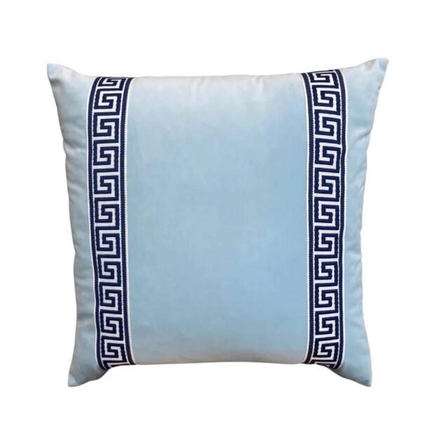 Designer Pillow cover navy Greek Key light blue trim tape velvet fretwork lumbar bolster throw custom Piping high end decorative chinoiserie