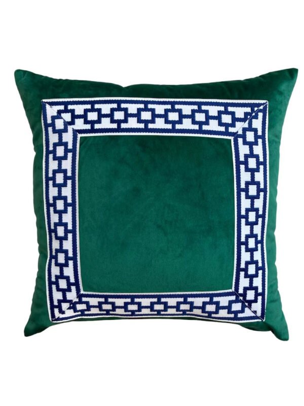 Designer Pillow cover Flax beige Linen Cover black grosgrain trim blue lumbar bolster custom Piping high end decorative fretwork