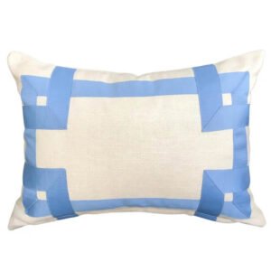 Designer Pillow cover off white Linen Cover French light grosgrain trim blue lumbar bolster throw custom Piping high end decorative fretwork