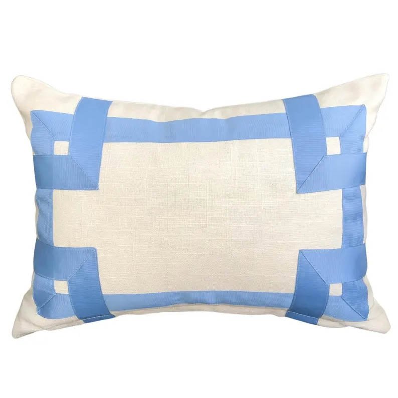 Designer Pillow cover off white Linen Cover French light grosgrain trim blue lumbar bolster throw custom Piping high end decorative fretwork