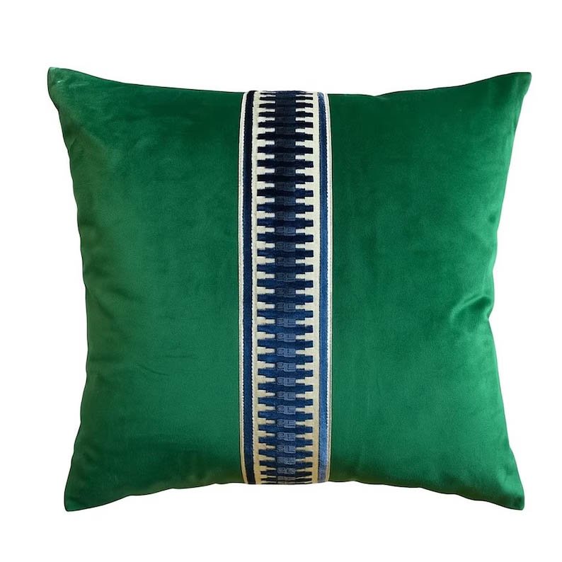 Designer Pillow cover trim tape emerald green Schumacher velvet Cover navy blue lumbar bolster throw custom Piping high end decorative
