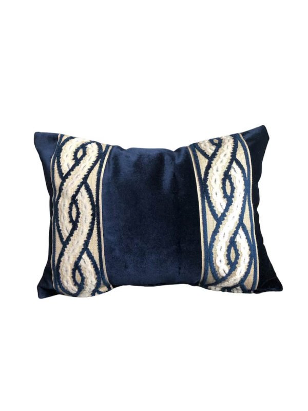 Designer Pillow cover trim tape navy blue velvet Cover slate fretwork lumbar bolster throw custom Piping high end decorative chinoiserie