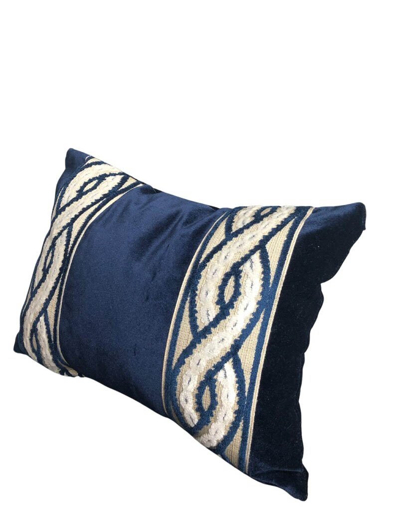 Designer Pillow cover trim tape navy blue velvet Cover slate fretwork lumbar bolster throw custom Piping high end decorative chinoiserie1