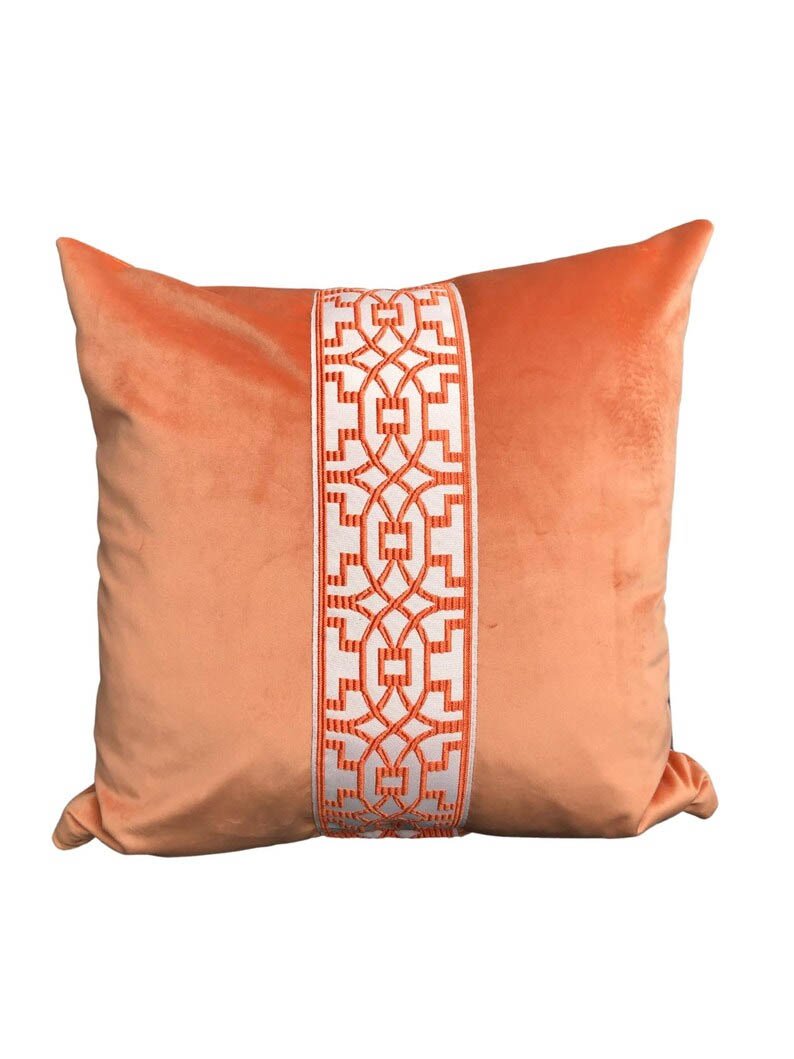 Designer Pillow cover trim tape peach velvet Cover orange fretwork lumbar bolster throw custom Piping high end decorative chinoiserie