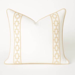Designer off white linen Pillow cover beige trim tape fretwork lumbar bolster throw Piping decorative chinoiserie USA Made