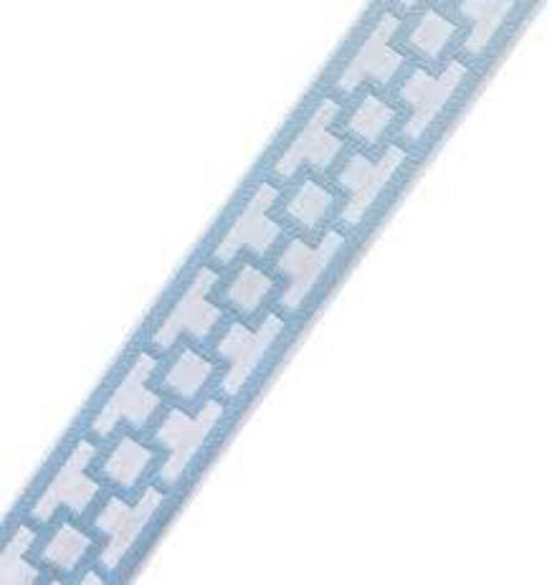 Designer off white linen Pillow cover light blue trim tape fretwork lumbar bolster throw Piping decorative chinoiserie USA Made1