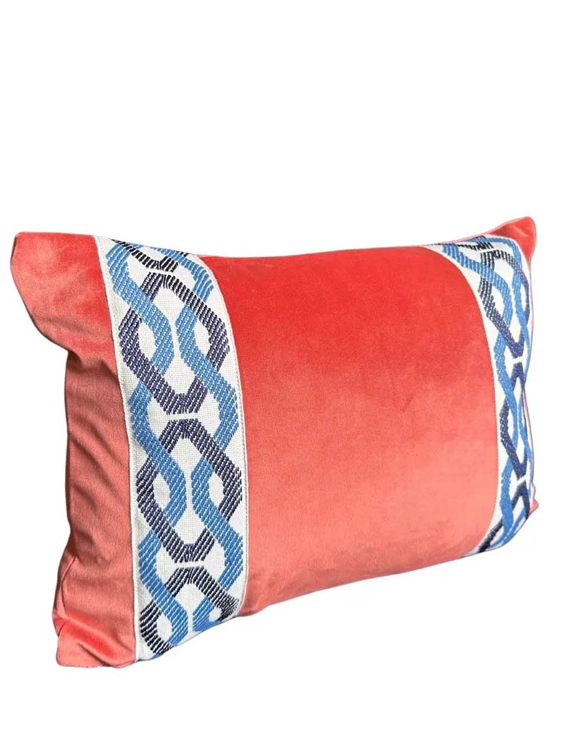 Designer pillow cover burn orange soft velvet navy French blue trim tape lumbar throw custom Piping decorative pillow bed chinoiserie lumbar