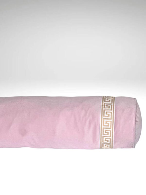 Designer round bolster cover blush light pink velvet Beige beige Key trim tape lumbar throw custom Piping decorative pillow bed chinoiserie