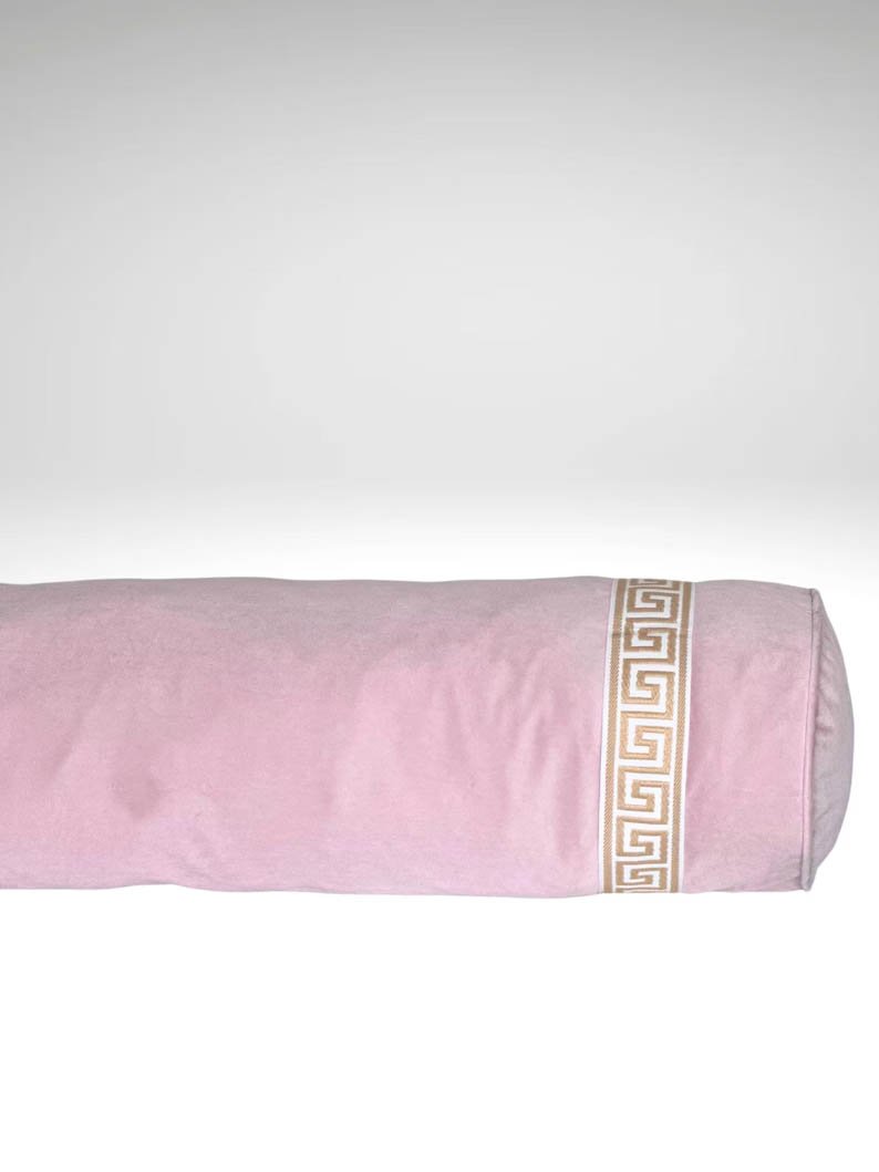 Designer round bolster cover blush light pink velvet Beige beige Key trim tape lumbar throw custom Piping decorative pillow bed chinoiserie