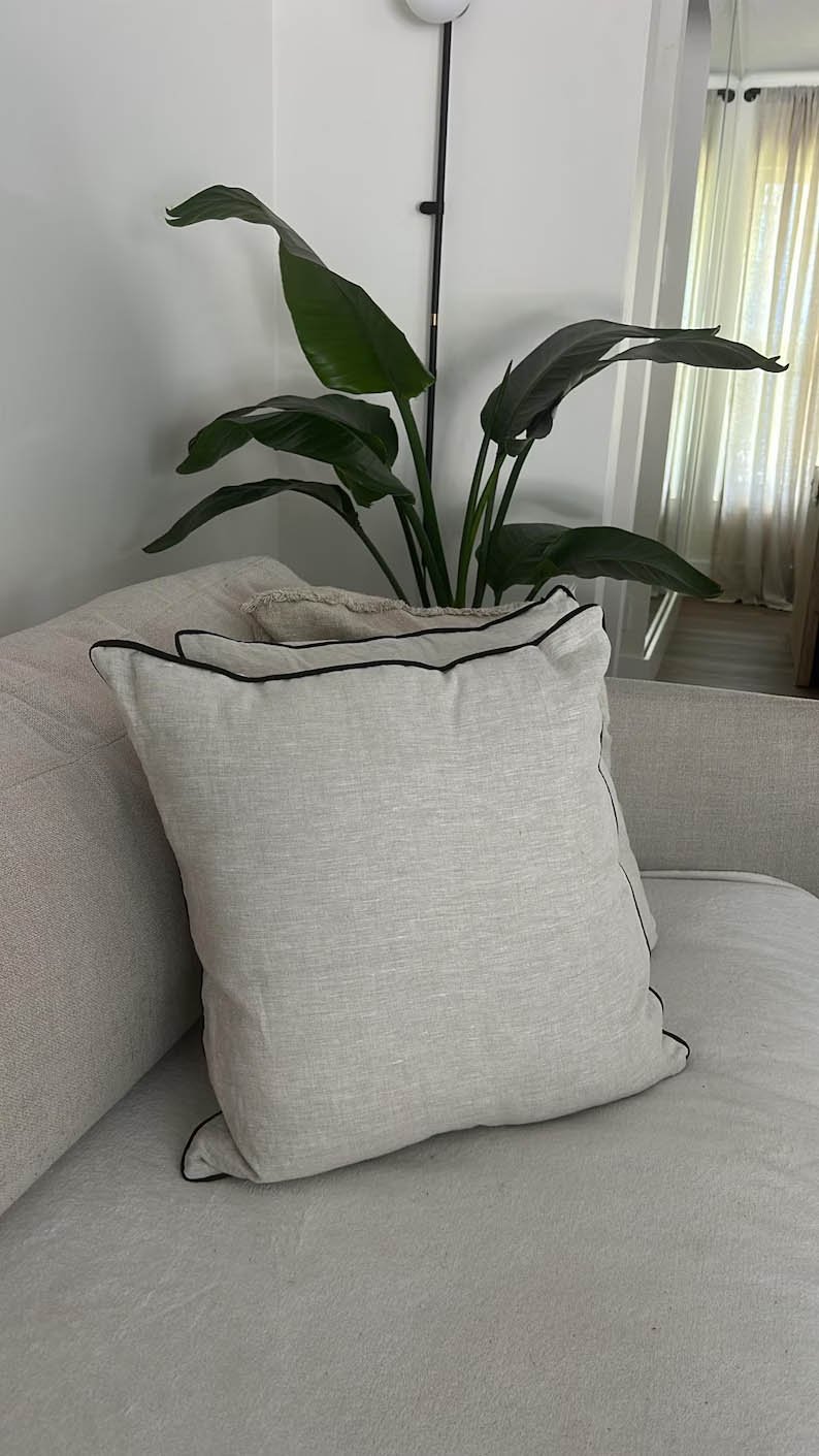 Italian Linen Pillow Cover black piping welt lumber round bolster throw Piping high end decorative high end natural beige more colors avail