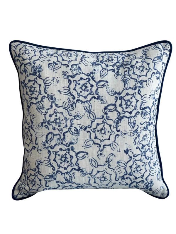 Kravet John Robshaw Dazda indigo blue off white Linen Pillow Cover both side throw pillow navy Piping high end decorative 20” x 20”