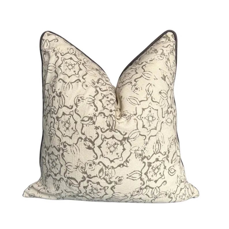 Kravet John Robshaw Dazda taupe off white Linen Pillow Cover throw pillow taupe beige Piping high end decorative 20” x 20” ethnic