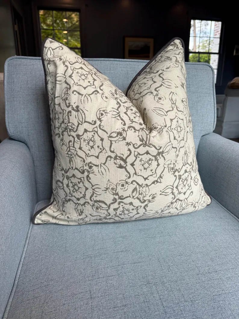 Kravet John Robshaw Dazda taupe off white Linen Pillow Cover throw pillow taupe beige Piping high end decorative 20” x 20” ethnic3