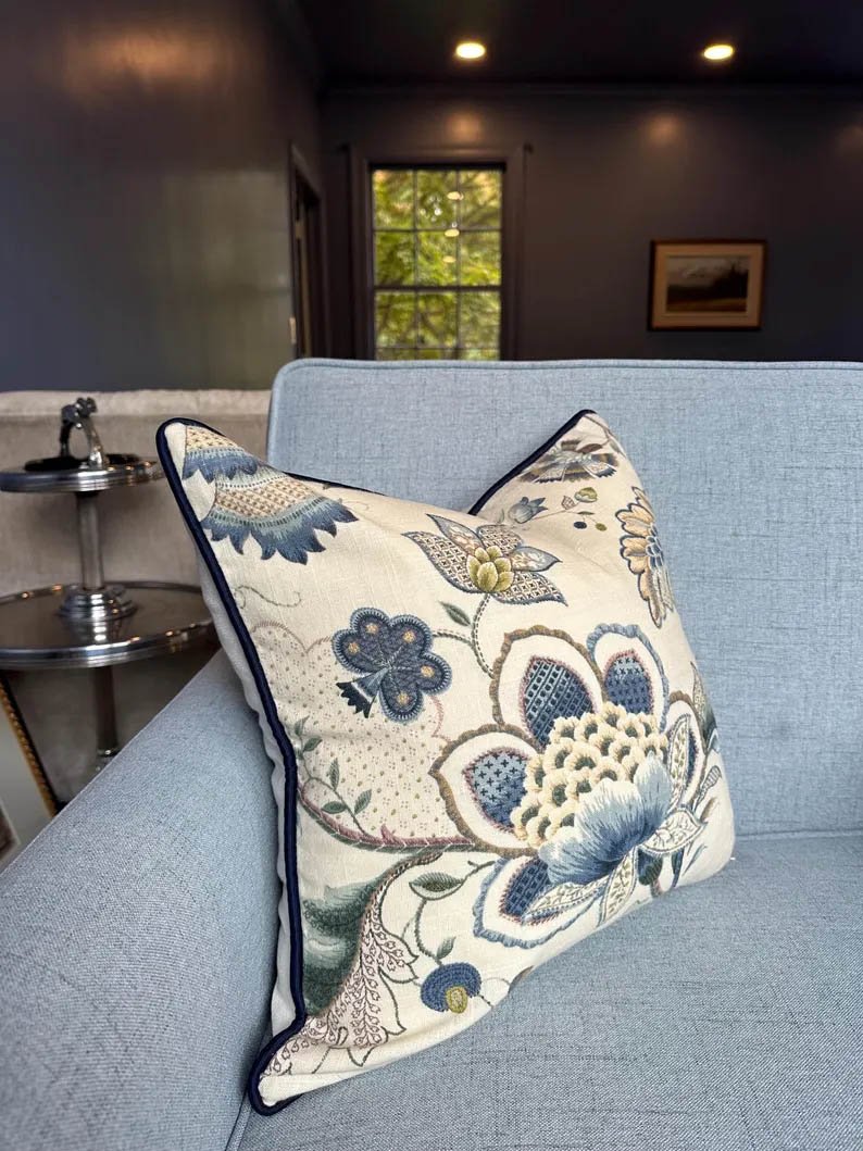 Kravet Maradona Jacobean indigo blue off white chinoiserie Pillow Cover both side throw pillow navy Piping high end decorative 20” x 20-2