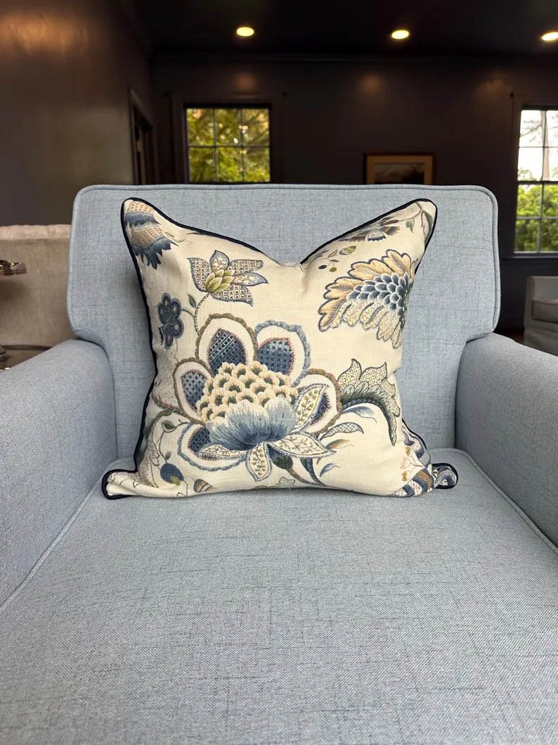 Kravet Maradona Jacobean indigo blue off white chinoiserie Pillow Cover both side throw pillow navy Piping high end decorative 20” x 20-3